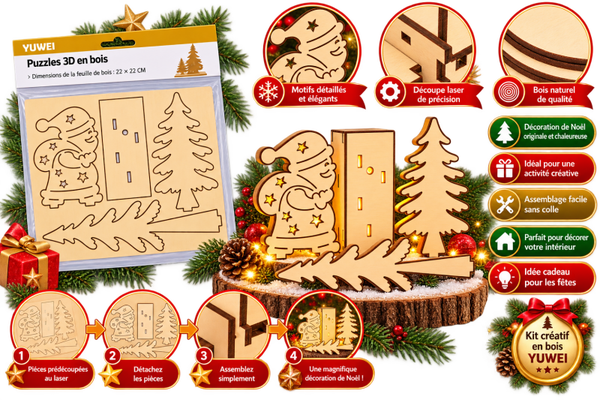 🎄 Puzzle 3D en bois de Noël YUWEI – Sapin et Père Noël à assembler