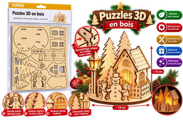 🎄 Puzzle 3D en bois YUWEI – Village de Noël à assembler