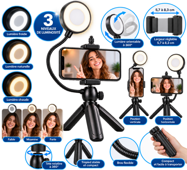 📱 Support de Téléphone avec Lumière Selfie – Trépied Vlogging