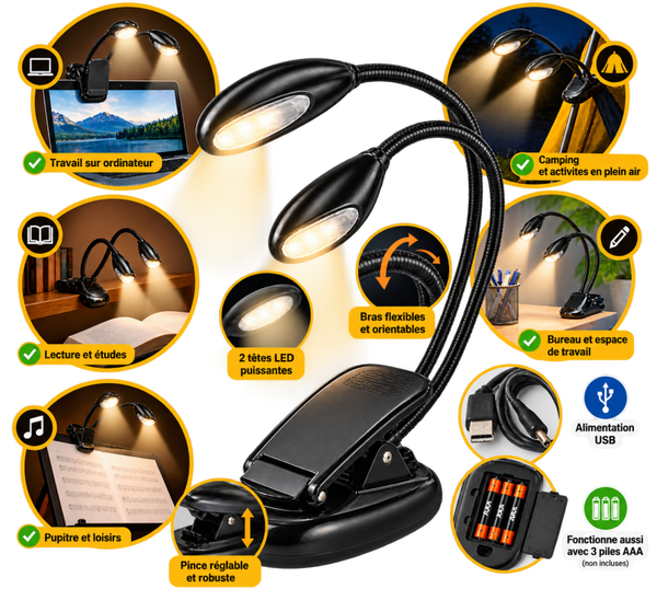 💡 Lampe LED à Pince Flexible – Double Bras Orientables, USB & Piles AAA