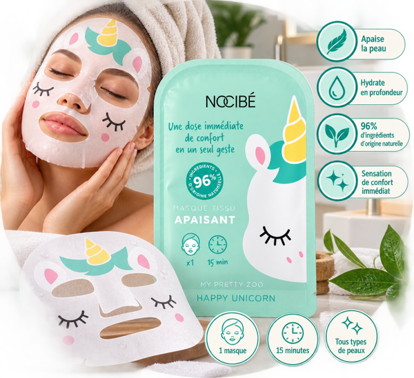 🦄 Masque Tissu Visage Licorne – Hydratant & Apaisant