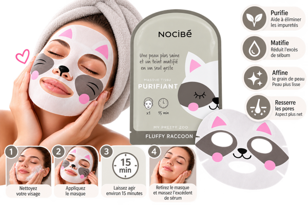 🦝 Masque Tissu Visage Fluffy Raccoon – Purifiant & Matifiant