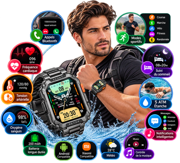 ⌚ Montre Connectée Militaire Homme – 5 ATM, Sport & Suivi Santé