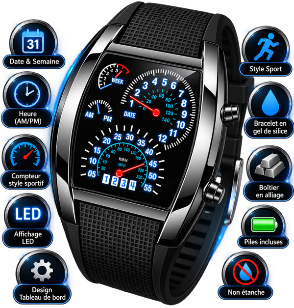 ⌚ Montre Homme Carrée Sport – Cadran Tableau de Bord Créatif