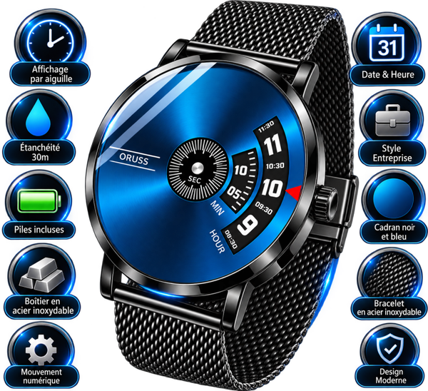 ⌚ Montre Homme ORUSS – Cadran Bleu Original & Bracelet Acier Noir