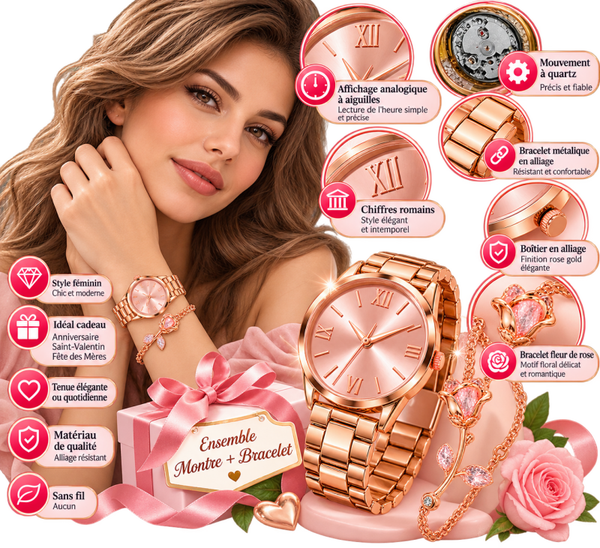 🌹 Montre Femme Rose Gold + Bracelet Fleur de Rose