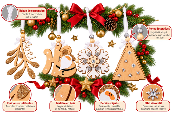 🎄 Lot de 4 suspensions de Noël décoratives – Bois, blanc et paillettes