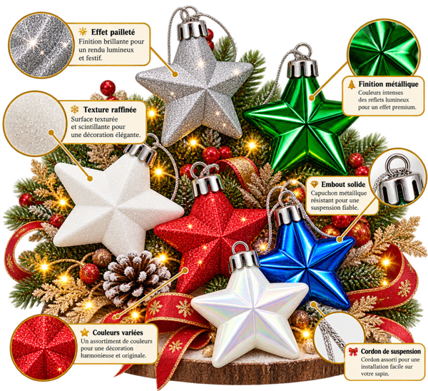 ⭐ Lot de 6 Étoiles de Noël Décoratives – Argent, Vert, Blanc, Rouge et Bleu