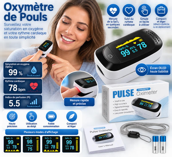 ❤️ Oxymètre de Pouls Digital au Doigt – Écran OLED Haute Lisibilité