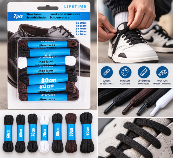👟 Lot de 7 Paires de Lacets LIFETIME – Différentes Tailles et Couleurs