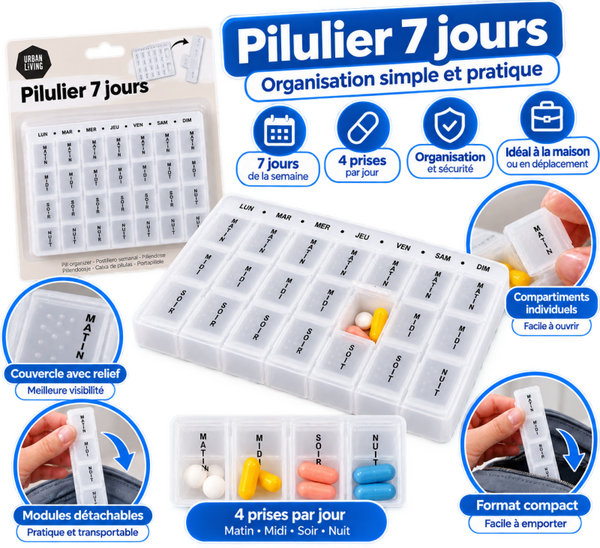 💊 Pilulier 7 Jours – Organisation Matin, Midi, Soir et Nuit