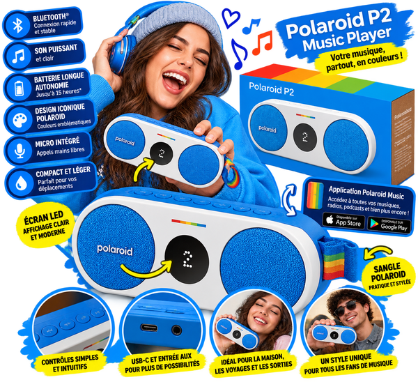 Enceinte Bluetooth Polaroid P2 bleue et blanche avec emballage