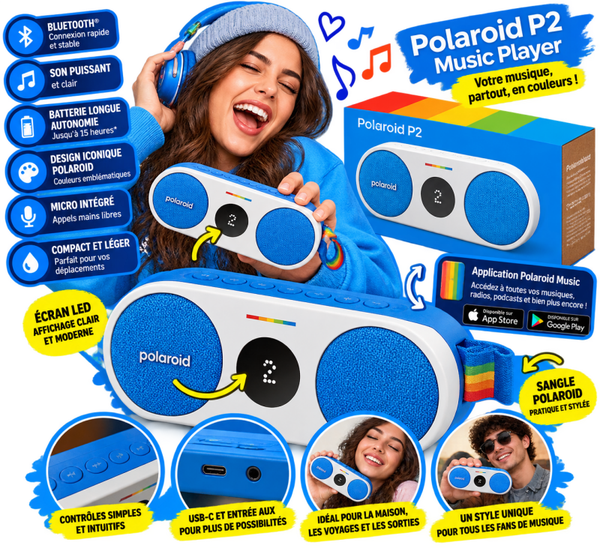 🔊 Enceinte Bluetooth Polaroid P2 Music Player – Bleu et blanc 🌈