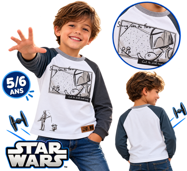 ⭐ T-shirt Raglan Star Wars — Gris & Blanc 5 a 6 ans