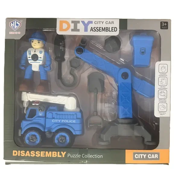 Jeu de construction de voiture de police avec grue et véhicule