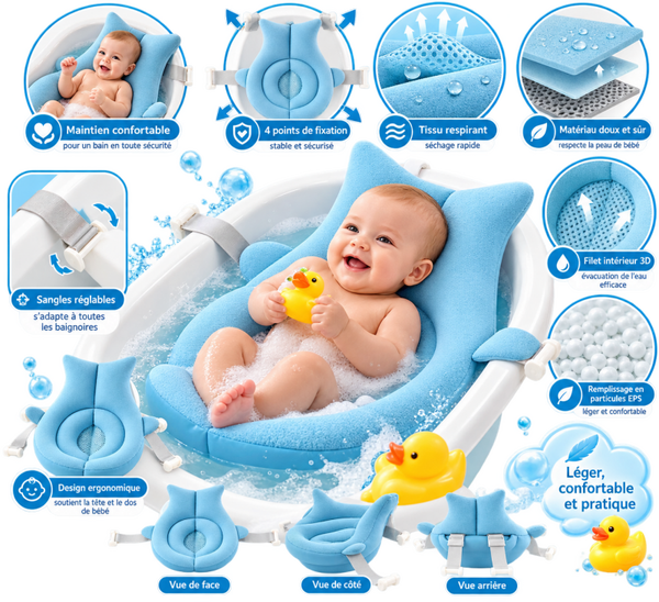🛁 Siège de Bain Bébé Ergonomique Bleu – Support de Bain Rembourré avec Sangles Réglables