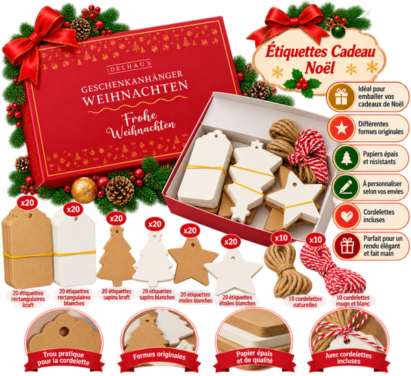 🎄 Coffret d’Étiquettes Cadeaux de Noël DELHAUS – Formes Festives Kraft et Blanches