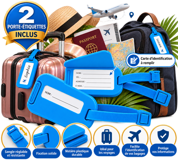 Lot de 2 porte-étiquettes de bagage bleus – Accessoires de voyage
