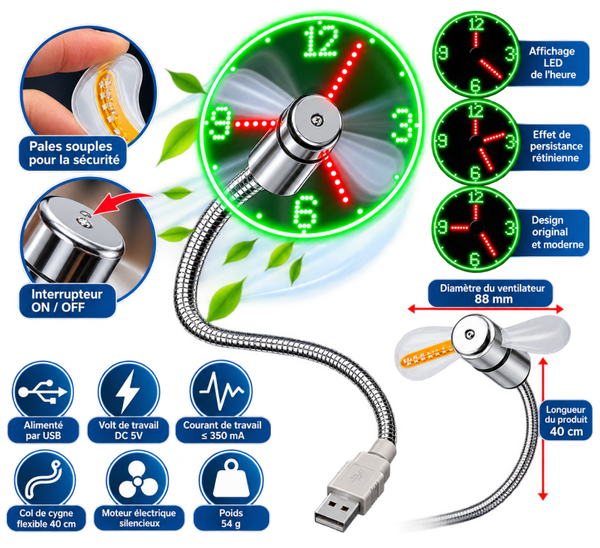 Ventilateur USB LED avec affichage de l’heure