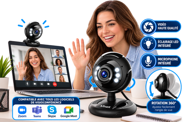 📹 Webcam Trust – Webcam Universelle avec Éclairage LED et Microphone