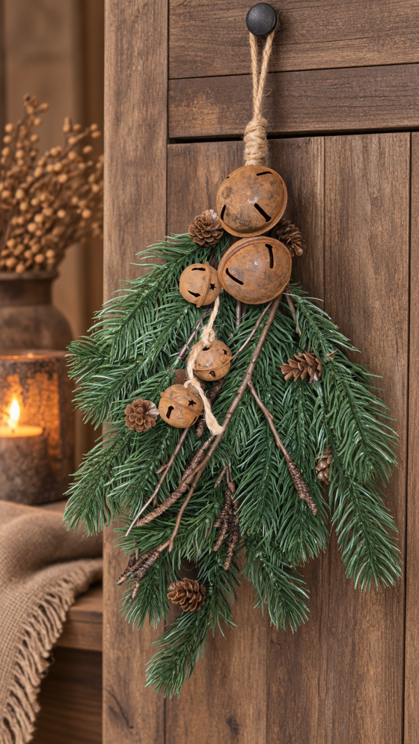 Decoratieve dennentak met roestkleurige belletjes 32 cm