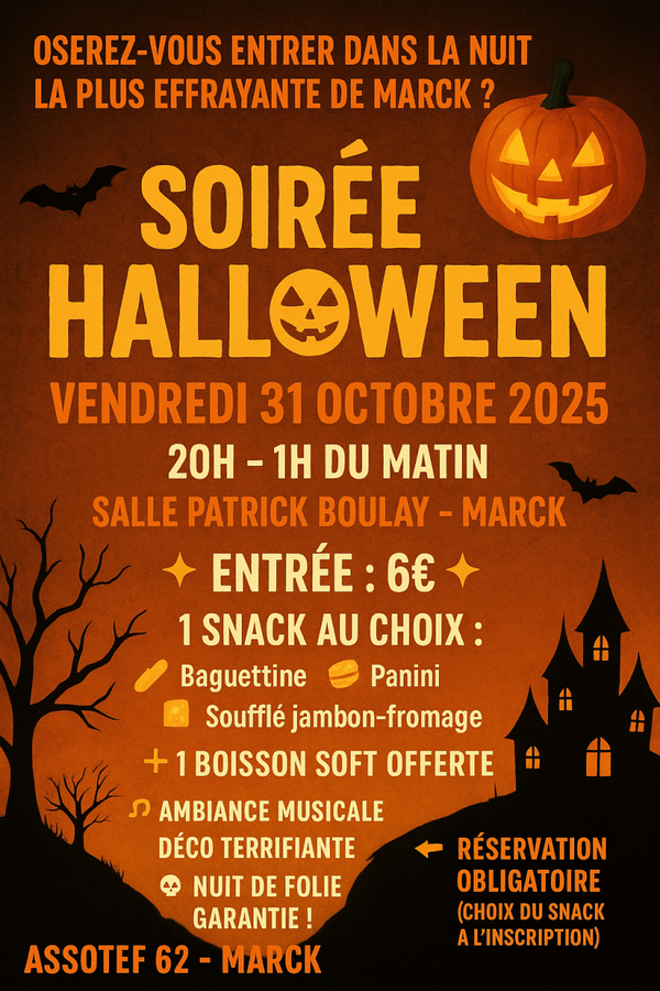 Ticket 🦇🎶 SOIRÉE HALLOWEEN ASSOTEF 62 – MARCK 🎶🦇  📅 Samedi 1er novembre  2025