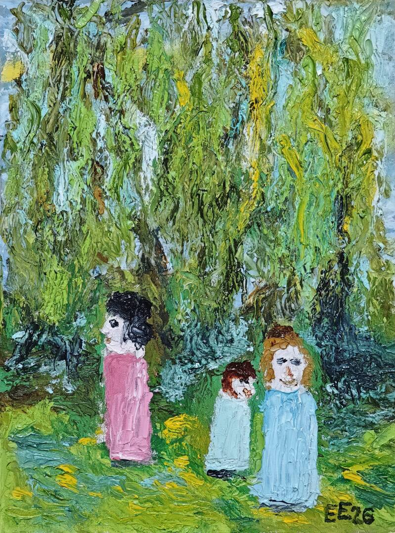 Stelen im Park des Elblandklinikums Meißen,  Ölgemälde von Ekkehardt Erler, Signatur EE26