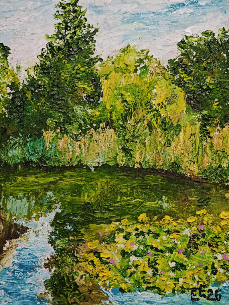 Teich im Park des Elblandklinikums Meißen,  Ölgemälde von Ekkehardt Erler, Signatur EE26