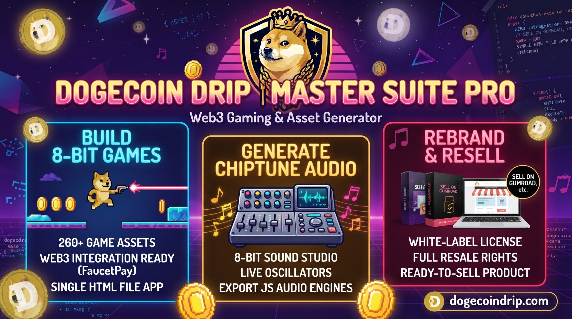 Dogecoin Drip Master Suite Pro — Web3 Gaming, 8-Bit Audio Studio & 260+ Asset Builder (With Full Resale Rights)