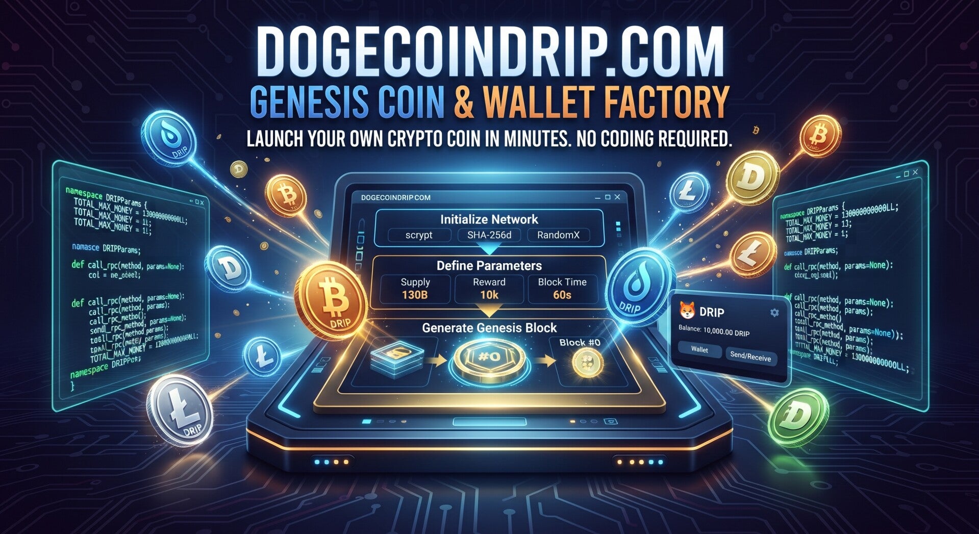 DogecoinDrip™ — Genesis Coin & White-Label Wallet Factory | Launch Your Own Cryptocurrency
