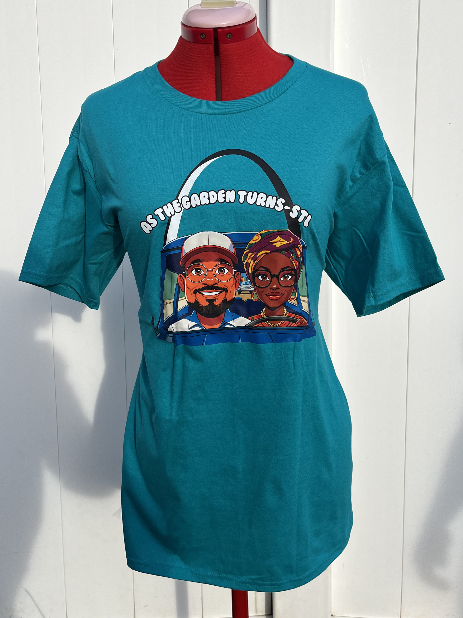 As The Garden Turns Teal Crew Neck Cotton T-Shirt Size Medium