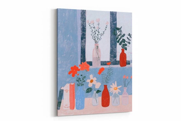 Stilleven met vazen en bloemen op een tafel