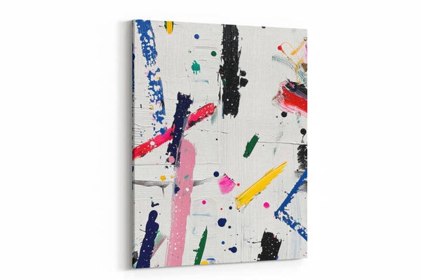 Abstracte kunst met spatten en lijnen in diverse kleuren