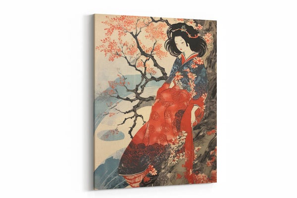 Geisha met rode kimono in landschap