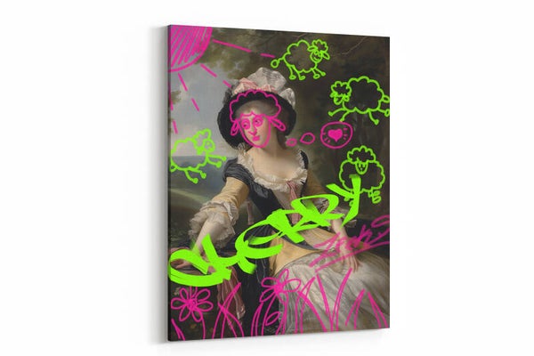 Een elegante vrouw met historische kleding, verrijkt met felle graffiti-elementen