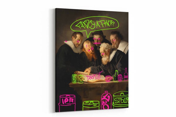 Een klassiek schilderij met een moderne twist door neonaccenten en street-art details