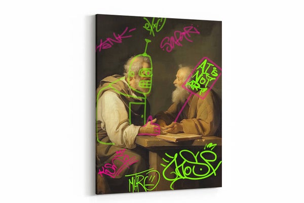 Een tijdloos schilderij voorzien van moderne graffiti en felle kleuren