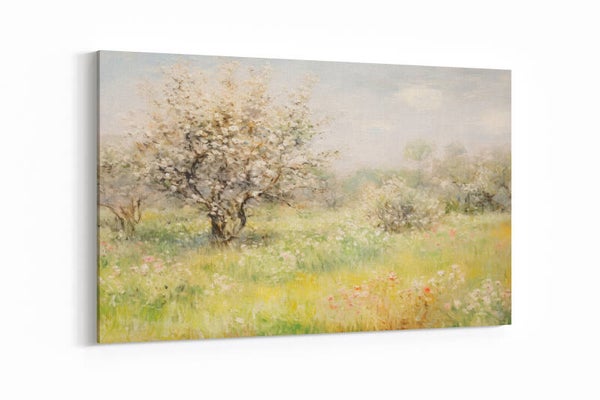 Boom in bloei in een zachtgroen landschap