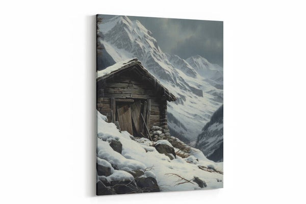 Houten hut in besneeuwde bergen