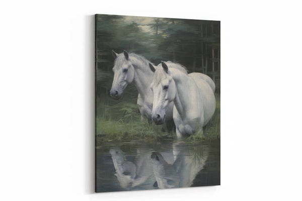 Witte paarden bij een rustige rivier