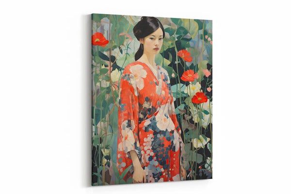 Geisha in rode kimono tussen bloemen