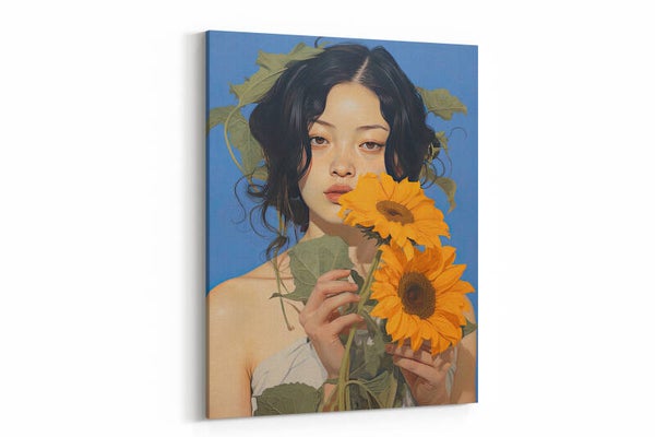 Portret van een vrouw met een zonnebloem, dromerig en zacht