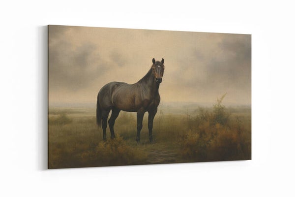 Zwart paard in een mistige weide