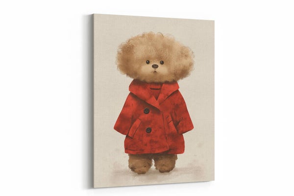 Een schattige teddybeer in een rode jas, klaar voor avontuur