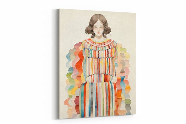 Vrouw in een vintage gestreepte outfit met een klassieke uitstraling