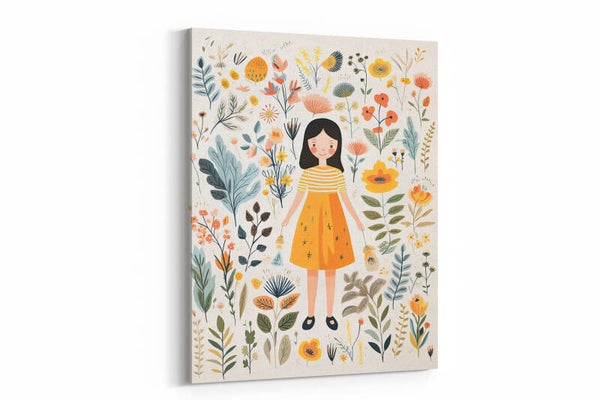 Een meisje omringd door bloemen en natuur