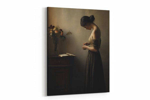 Vrouw in een donkere kamer bij kaarslicht