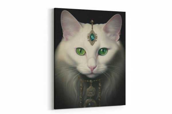 Een witte kat met intense groene ogen en een koninklijke uitstraling
