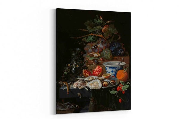 Stilleven met vruchten, oesters en een porseleinen kom, Abraham Mignon