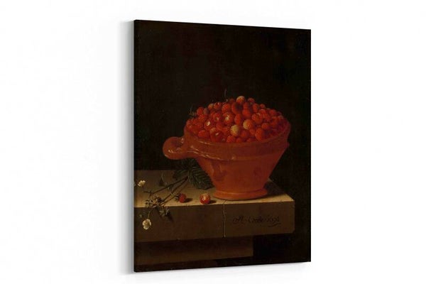 Een bakje aardbeien op een stenen plint, Adriaen Coorte
